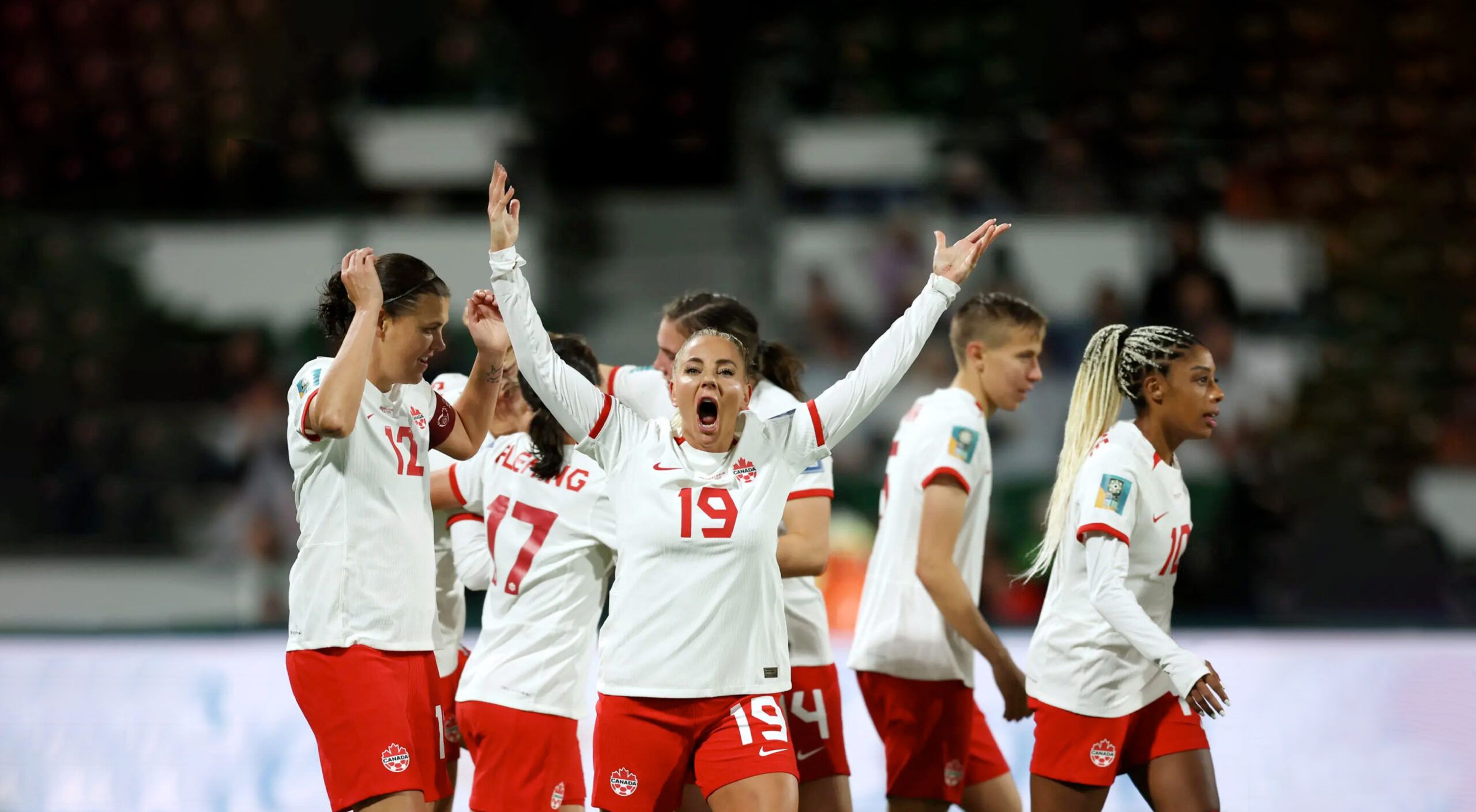 A photo of the Canadian women’s soccer team celebrating their victory against Ireland during their Group B match at FIFA Women’s World Cup in Perth, Australia, 2023.