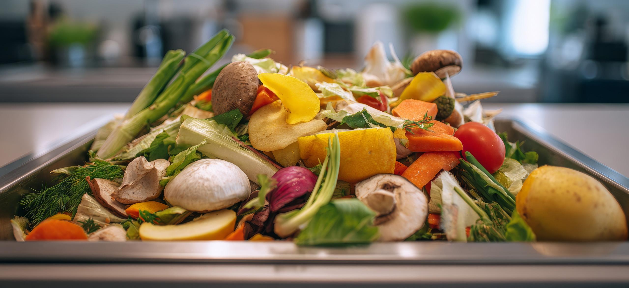Assorted vegetable scraps piled high in a kitchen sink.